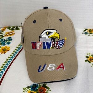 VFW Eagle & USA Flag Beige Strapback Hat Cap Embroidered Summer Hat